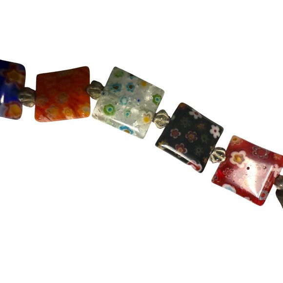 Colorful Millefiori Glass Square Flat  Bead Necklace With Silver-Tone Spacers - Picture 6 of 8